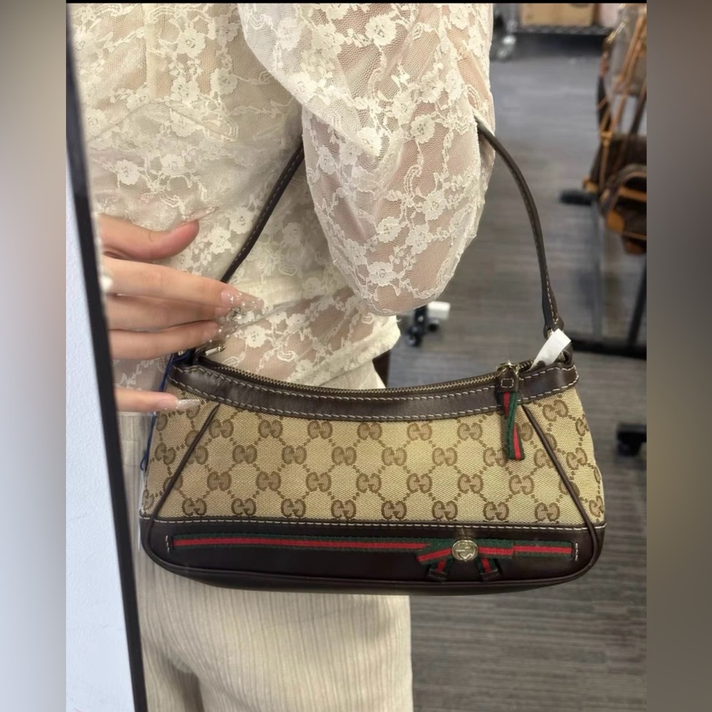 Gucci Mayfair Small Bow shoulder bag Original GG canvas with black leather Trim - Picture 1 of 15
